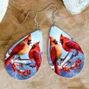 Wooden CARDINAL Red Bird Dangle Earrings